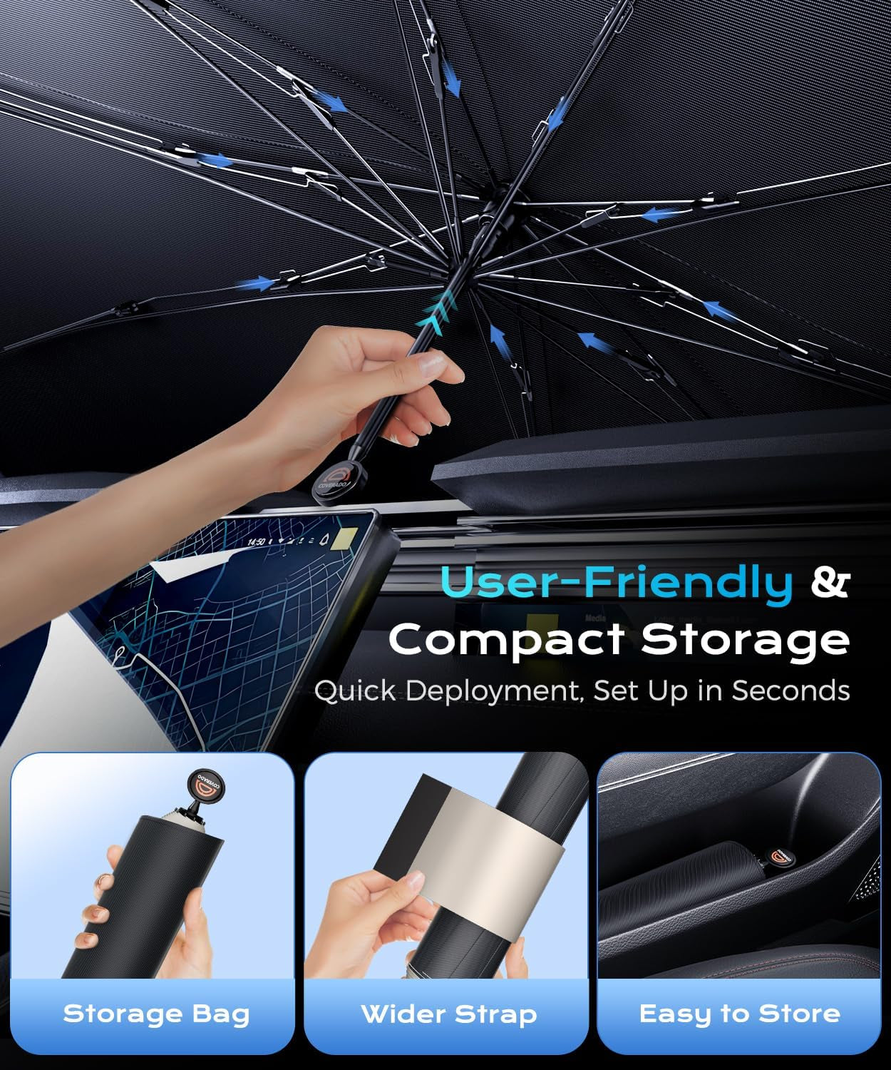 [2025 Upgrade]  Windshield Sun Shade, UPF80+ Sunshade for Car Windshield Blocks Heat & UV Rays, Thickened Vinyl Coating Keep Cool Protect Interior, M 57”X32” for Sedans/Suvs