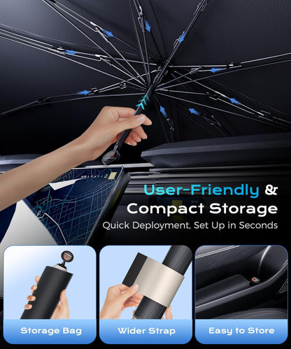 [2025 Upgrade]  Windshield Sun Shade, UPF80+ Sunshade for Car Windshield Blocks Heat & UV Rays, Thickened Vinyl Coating Keep Cool Protect Interior, M 57”X32” for Sedans/Suvs