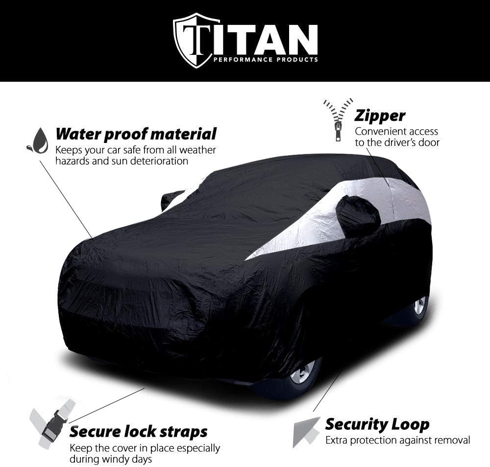 Titan Jet Black Poly 210T Car Cover for Mid-Size SUV 188-206". Waterproof, UV Protection, Scratch Resistant, Driver-Side Zippered Opening. Fits Explorer, Grand Cherokee and More.