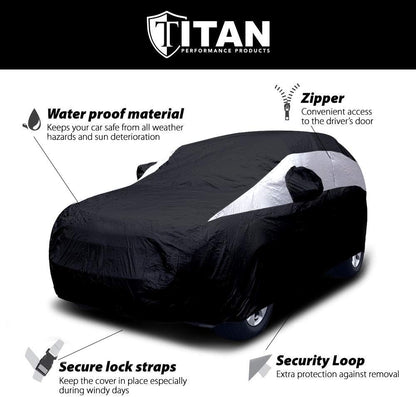 Titan Jet Black Poly 210T Car Cover for Mid-Size SUV 188-206". Waterproof, UV Protection, Scratch Resistant, Driver-Side Zippered Opening. Fits Explorer, Grand Cherokee and More.