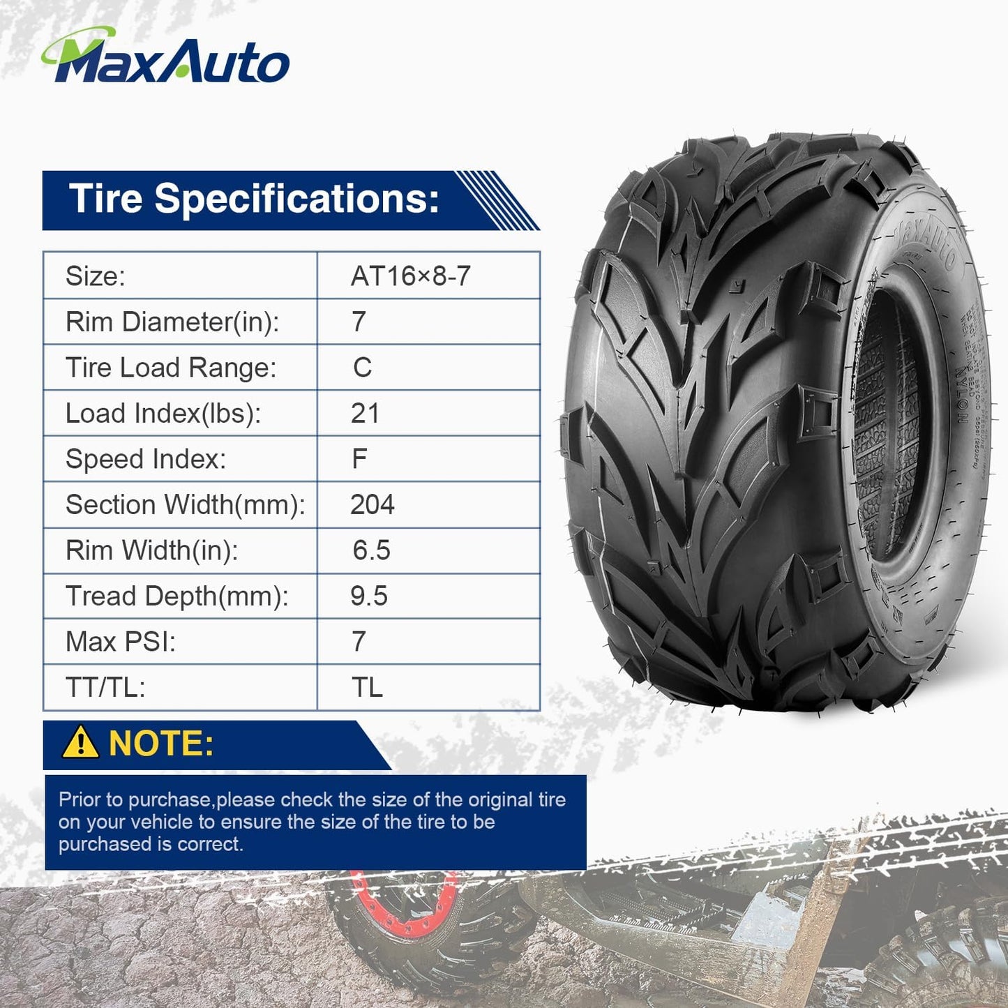 16X8-7 All-Terrain ATV and Go-Kart Tires, 6 PR Tubeless UTV Tires, Pack of 2