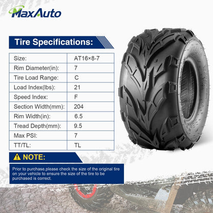 16X8-7 All-Terrain ATV and Go-Kart Tires, 6 PR Tubeless UTV Tires, Pack of 2